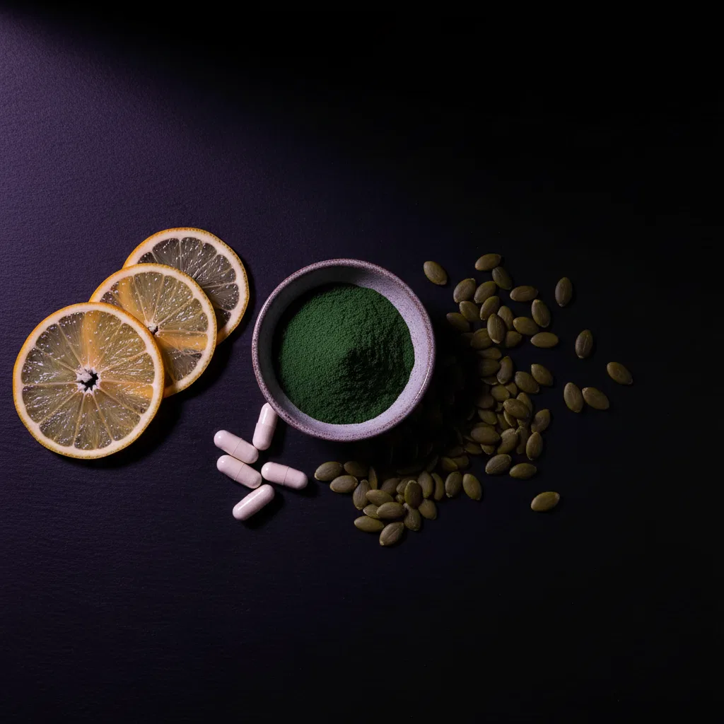 Botanische ingrediënten: spirulina, zink, vitamine C, pompoenzaden op donker oppervlak